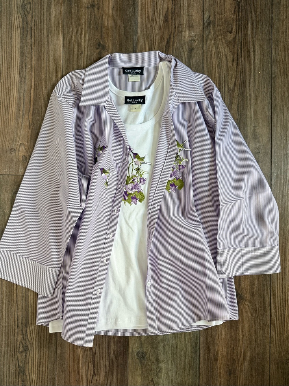 Get Lucky Lavender-Striped Button Down Shirt with Floral Embroidery